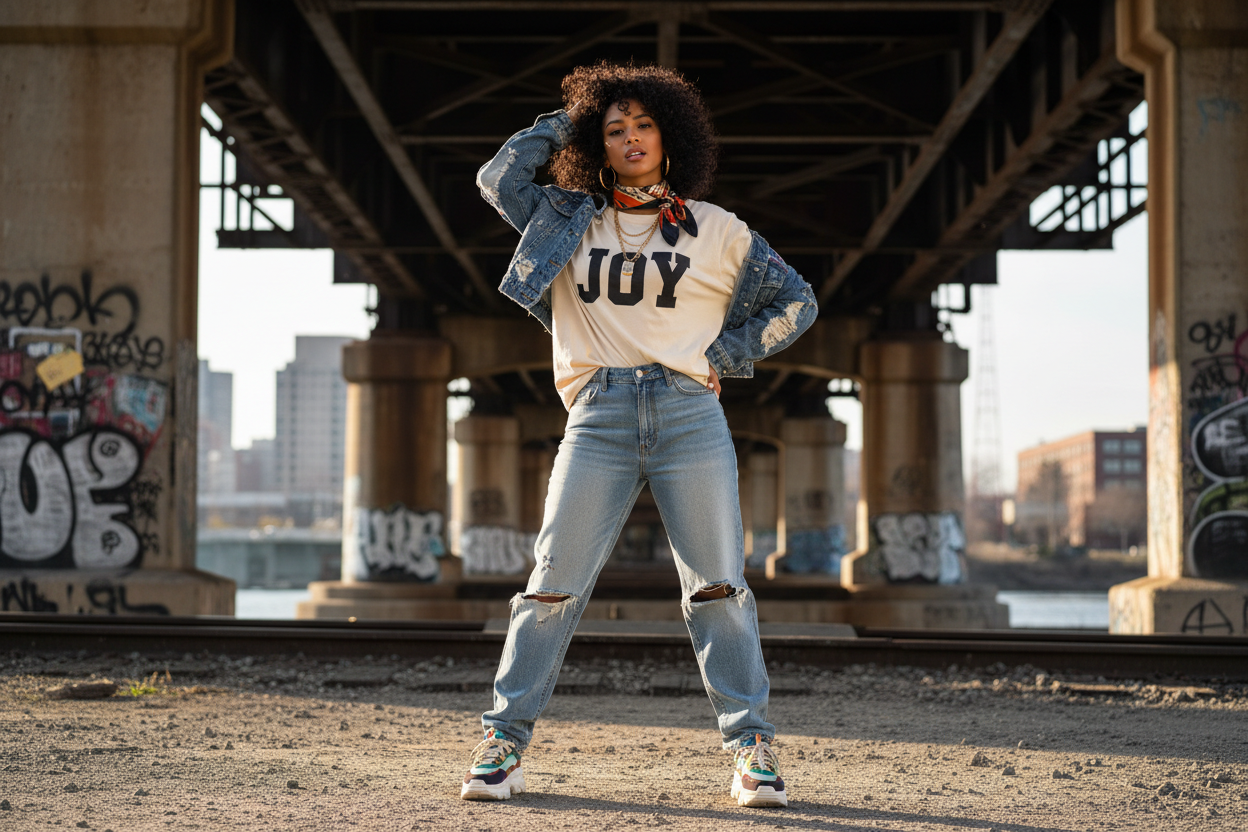 create a image of a black or biracial female model near a railroad it a bridge in trendy apparel with a shirt that has the word Joy somewhere in the picture